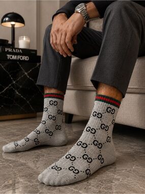 Gucci Gray Crew Socks with Black GG Pattern and Red & Green Trim
